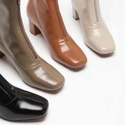 欧美复古风短靴女方头，粗高跟短筒牛皮黑色瘦瘦靴子薄款单靴秋