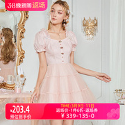 艾丽丝2024年夏季粉色甜美公主裙方领珍珠蝴蝶结短款连衣裙女