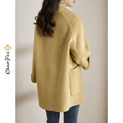黄色双面呢大衣女2022年秋冬季品牌，赫本风中长羊毛外套零羊绒