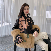 中式国风狐狸毛拼接(毛，拼接)刺绣皮草，外套女中长款冬季2023鹅绒羽绒服