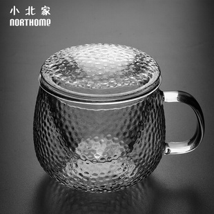 定制锤纹三件式泡茶杯耐热玻璃杯透明中式茶杯带盖过滤水杯子议价