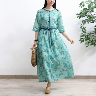 春夏季民族风青绿色印花中袖高端苎麻连衣裙女高腰系带长裙小个子