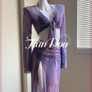紫罗兰高级质感性感分体裙式紫色比基尼四件套游泳衣女超仙夏
