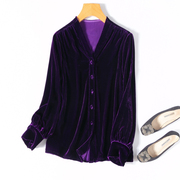 原创设计！优雅紫真丝丝绒单穿V领长袖复古灯笼袖桑蚕丝衬衣女