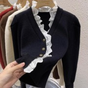 法式加厚羊绒毛衣外套女冬季修身v领打底衫针织开衫蕾丝拼接上衣