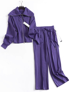 D404茶系穿搭微胖显瘦盐系紫色休闲卫衣外套运动两件套装0.98