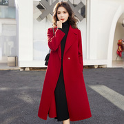 红色双面羊毛大衣，女式秋冬2023显瘦气质，时尚系带长版毛呢外套