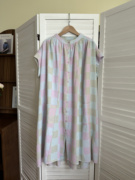 日系文艺复古彩色格纹编织圆领大口袋，短袖连衣裙宽松百搭袍子
