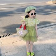 女童套装裙夏季绿色夏装背带裙女宝清新网纱公主裙蓬蓬半身裙