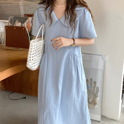韩国chic夏季法式温柔三层花瓣领设计收腰显瘦短袖连衣裙长裙女