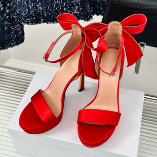 法式高级感丝绸后跟蝴蝶结，仙女高跟鞋防水台细跟凉鞋绸缎网红女鞋