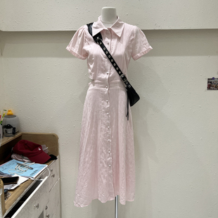 韩版夏季短袖甜美淑女Polo领韩国东大门单排扣漏腰设计连衣裙