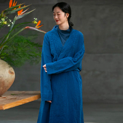 国风植物蓝染长袍风衣知笔墨原创设计高个子(高个子，)蓝色系带宽松外套女