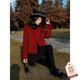 高端气质双面羊毛外套，女冬季红色复古显瘦气质，圆领短款毛呢上衣