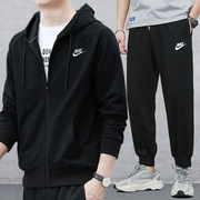 Nike耐克男款套装春季运动两件套黑色宽松跑步夹克休闲长裤