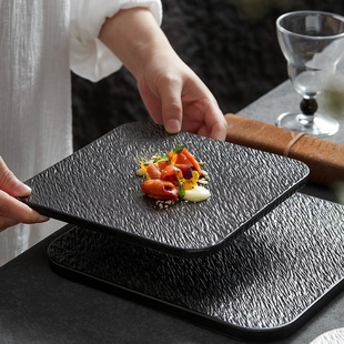 黑色四方陶瓷平板盘蛋糕盘家用寿司点心平盘高级感餐具牛排西餐盘