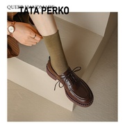 tataperko联名棕色系带，小皮鞋女百搭复古中跟福乐鞋圆头单鞋