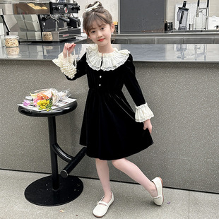 女娃娃领的裙子女童连衣裙9-13岁7春装蕾丝花边喇叭袖公主裙黑色8