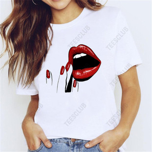 Sexy 3D Red Lips T Shirt 性感3D红唇印花欧美风休闲白色T恤上衣