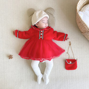 女童拜年服红色中国风呢子礼服裙女宝宝冬季长袖连衣裙配包包新年