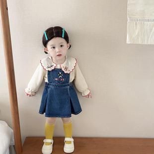 女童秋装甜美韩版套装女宝宝，秋季娃娃领刺绣上衣牛仔背带裙两件套