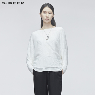 sdeer圣迪奥秋宽松肌理，褶皱蝙蝠袖白色，休闲长袖t恤女s20180225