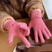 手_针织毛线保暖手套屏幕，穿加长羊绒叠五指，款女秋冬露二指可触控