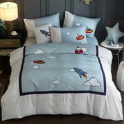儿童床单四件套男孩纯棉卡通，被套1.2米1.5床笠式全棉三件套蓝