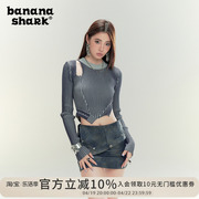bananashark修身显瘦辣妹，短款上衣长袖t恤秋季镂空针织打底衫女