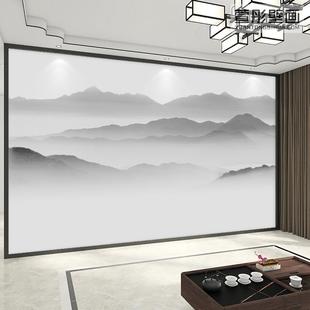 新中式水墨山水画墙纸办公室会议室，电视背景墙布大气，壁纸无缝壁画