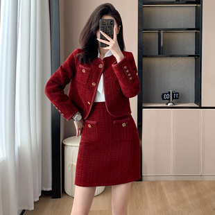 红色小香风套装女2024年秋冬洋派短外套，半身裙气质两件套