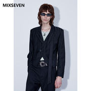 马思超同款MIXSEVEN原创设计西服黑色暗条纹双领短款小西装酷