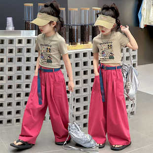 女童爵士舞服装hiphop街舞嘻哈儿童演出服短款露脐上衣粉色长裤
