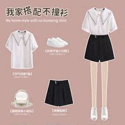 2021年夏季雪纺衬衫女短袖娃娃，领轻熟风百搭黑色短裤两件套装