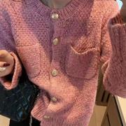小香风针织开衫上衣女春秋季2024气质短款粉红色新年毛衣外套