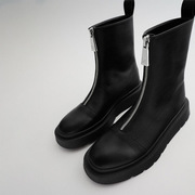 ZARA DTM黑色前拉链厚底烟囱靴平底短靴20中筒瘦瘦靴马丁靴