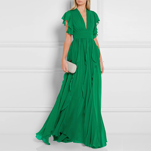高端轻奢绿色连衣裙女小众气质长裙，性感v领飘逸裙子荷叶边礼服裙