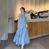 天蓝色裙装时尚法式复古夏季女2023无袖露背女士显瘦连衣裙子
