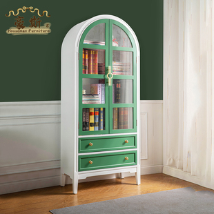 美式实木书柜绿色收纳书架拱形玻璃门储物柜法式田园风手办展示柜