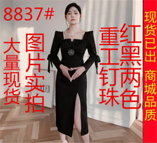 茬客裙子女2022法式赫本风优雅蝴蝶结，绑带钉钻开叉红色连衣裙