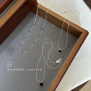 wandou925纯银韩风简约素银色，黑玛瑙项链亮眼高级气质感锁骨链
