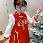 洋气女童中国风旗袍裙冬装2023儿童夹棉刺绣连衣裙女孩新年裙