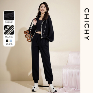 chichy卫衣两件套女显瘦休闲卫裤2022秋冬加绒连帽运动套装女