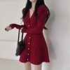 韩国chic春季珍珠扣气质V领小个子泡泡袖A字连衣裙女亮丝毛衣短裙