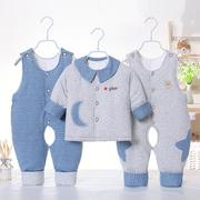 婴儿棉衣套装冬加厚3-5-6个月新生儿衣服1岁宝宝棉袄背带裤三件套