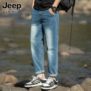 Jeep吉普牛仔裤男士夏季薄款重磅潮牌九分裤宽松直筒休闲长裤子男