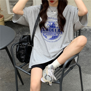 灰色短袖t恤女夏季韩版宽松中长款字母印花纯棉半袖上衣ins潮