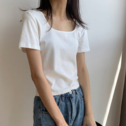 两穿方领圆领T恤女夏季薄款韩版休闲学生露锁骨修身短袖上衣