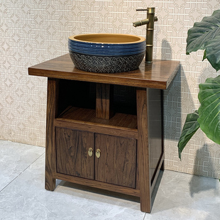 老榆木中式浴室柜组合实木，小户型卫生间落地式复古洗手台盆柜组合