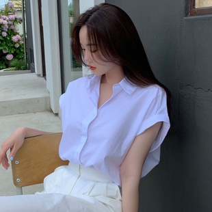 韩国chic春季优雅简约翻领单排扣设计宽松百搭短袖纯色衬衫上衣女